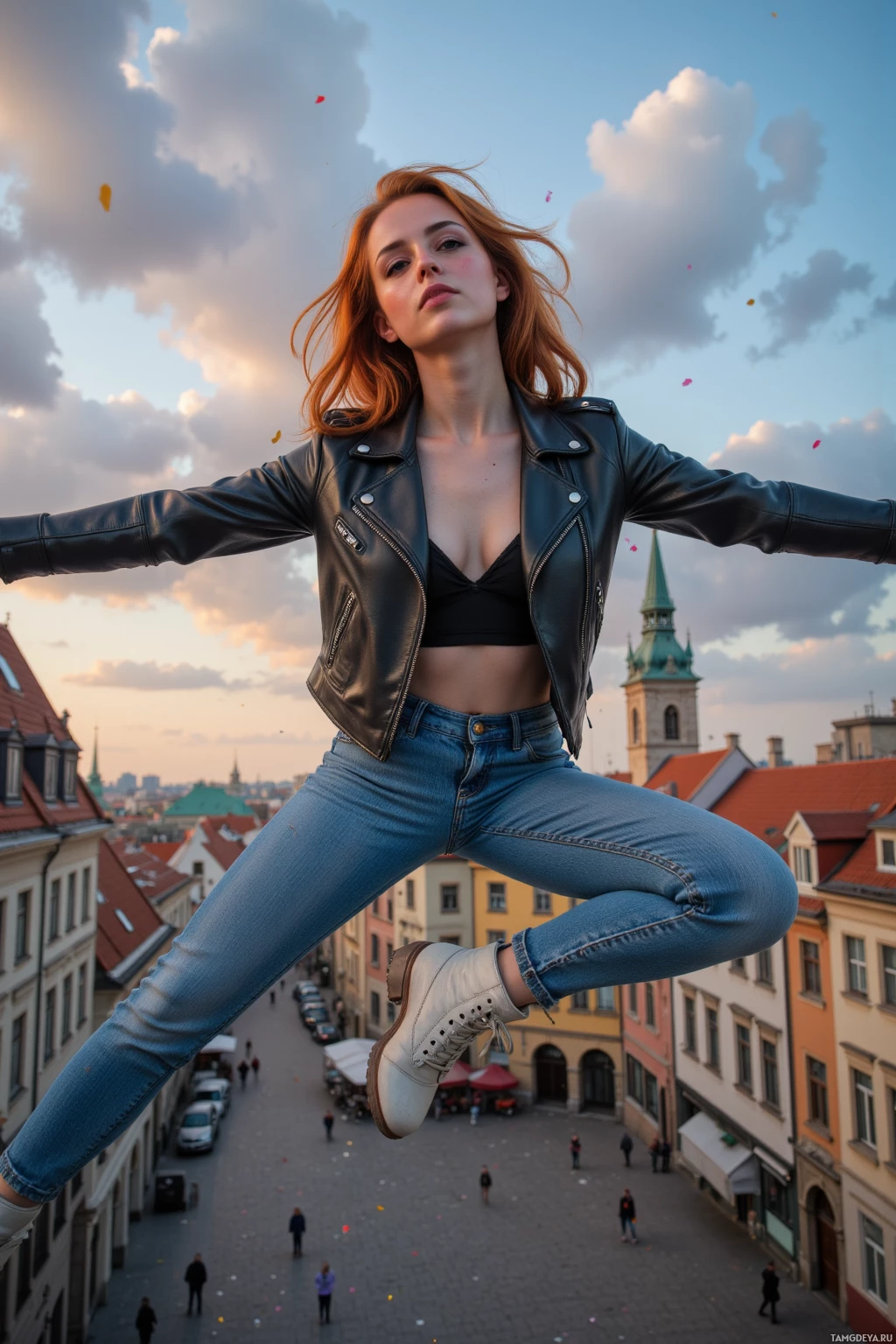 A person in a leather jacket and jeans is captured mid-air against a backdrop of a cityscape and a sky with clouds.