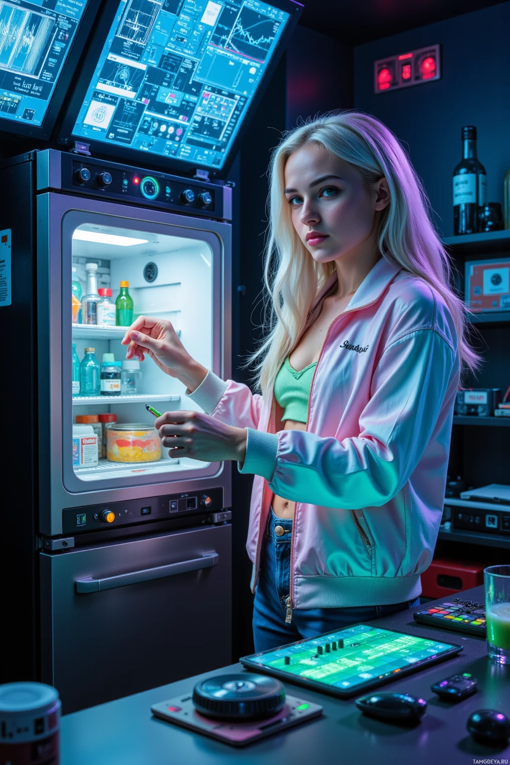 Realistic high quality photo. A late‑night sci‑fi music producer with long white hair, blue eyes, pale skin, wearing an iridescent jacket, layered pastel top and holographic sneakers, stands in a dim studio illuminated by flickering holographic panels, holding a neon‑wired oscilloscope while listening to the steady hum of a metallic fridge that powers her bass samples; a glowing orbital sensor pulses nearby as she traces audio waves across a floating digital interface amid scattered unused gadgets and a glass of matcha cooling on a sleek surface.