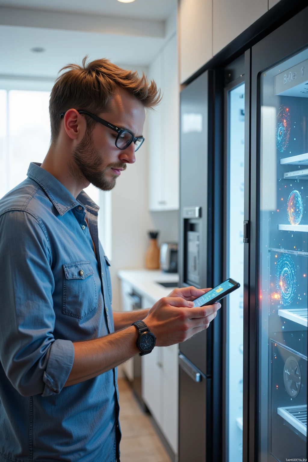 A person uses a smartphone to interact with a smart refrigerator in a modern kitchen.