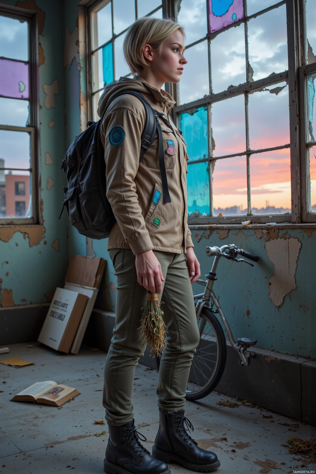 A person stands in a dilapidated room with a backpack, holding a bundle of dried grass, wearing a jacket with patches and combat boots.