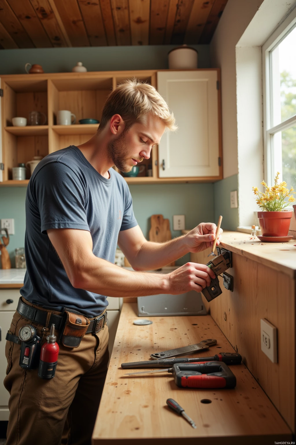 A man is working on a kitchen cabinet with tools in hand and various items around him.