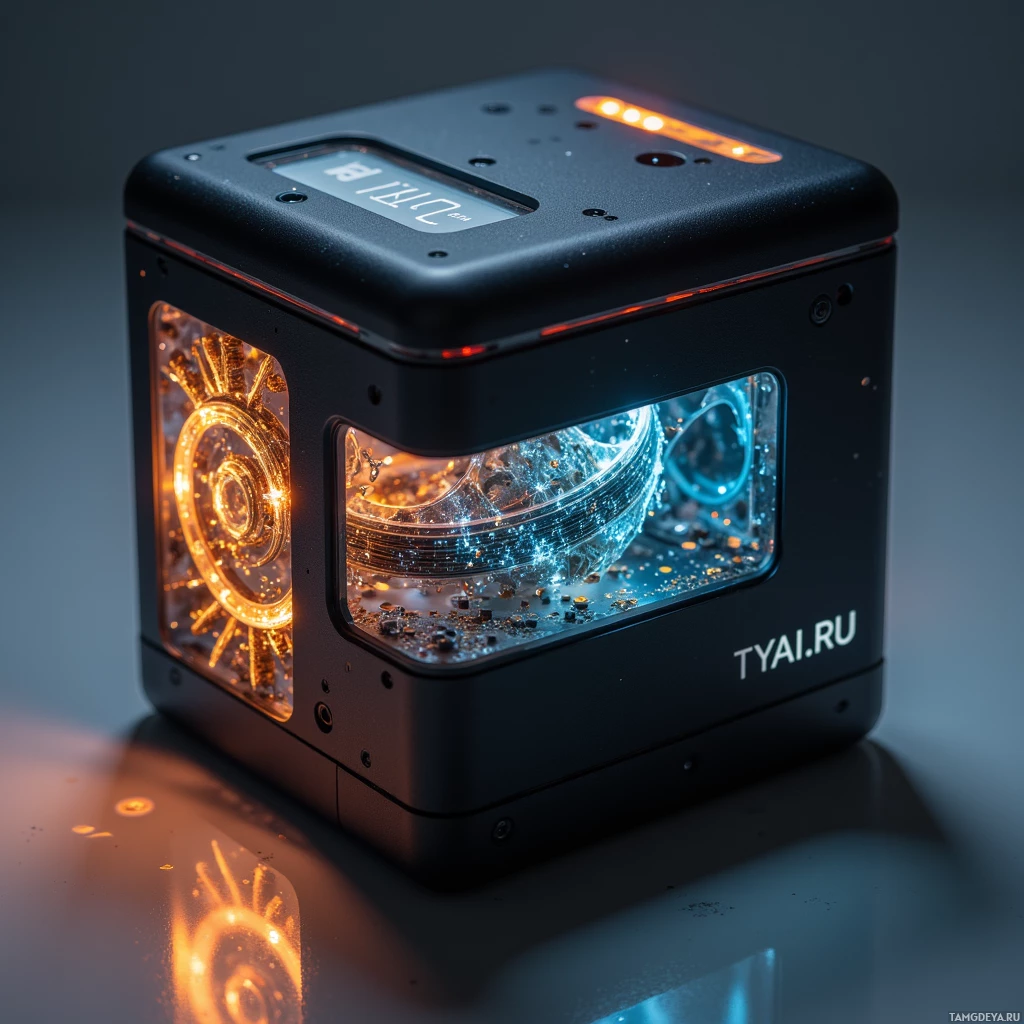 A black cube-shaped device with glowing orange and blue lights inside, labeled "TYAI.RU" on the side.