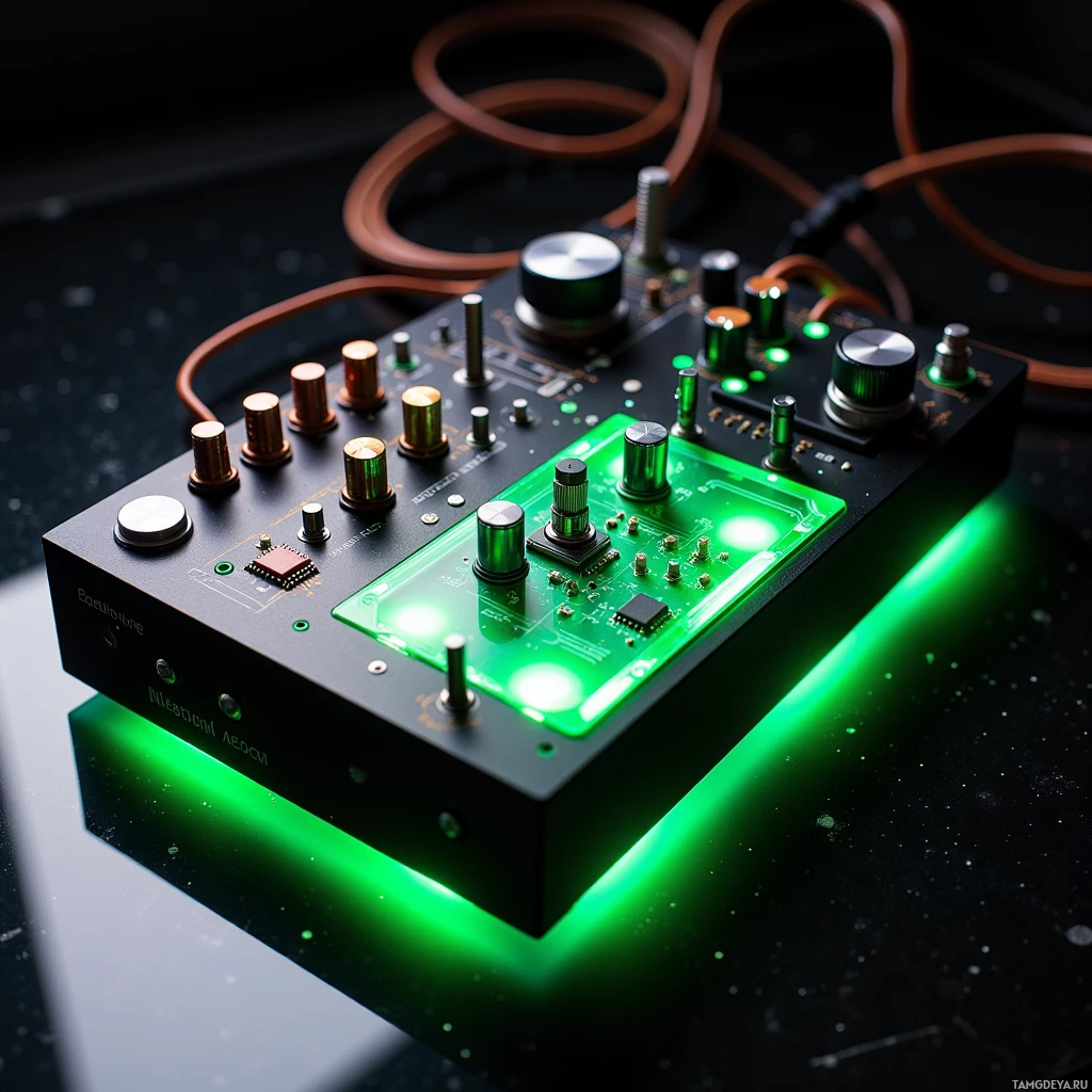 A close-up view of an electronic device with green lighting and various knobs and switches.