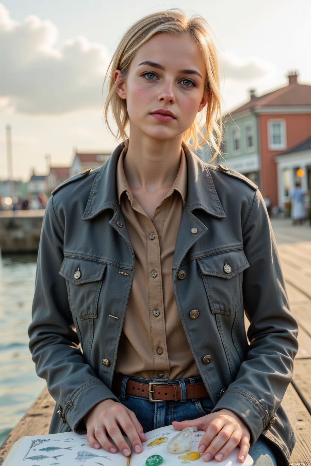 A person wearing a jacket and holding a book with illustrations sits on a dock.