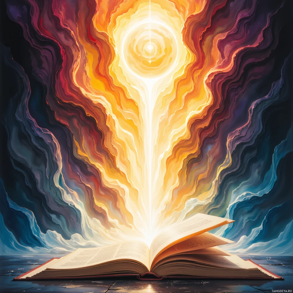 An open book radiates vibrant, swirling colors and light, symbolizing enlightenment or spiritual illumination.