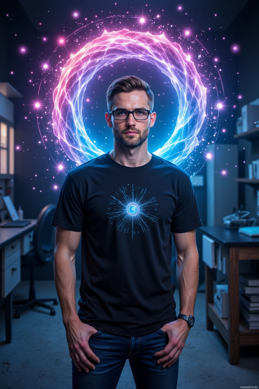 A person stands in front of a glowing portal with their hands in their pockets, wearing a dark t-shirt featuring a blue design on it.