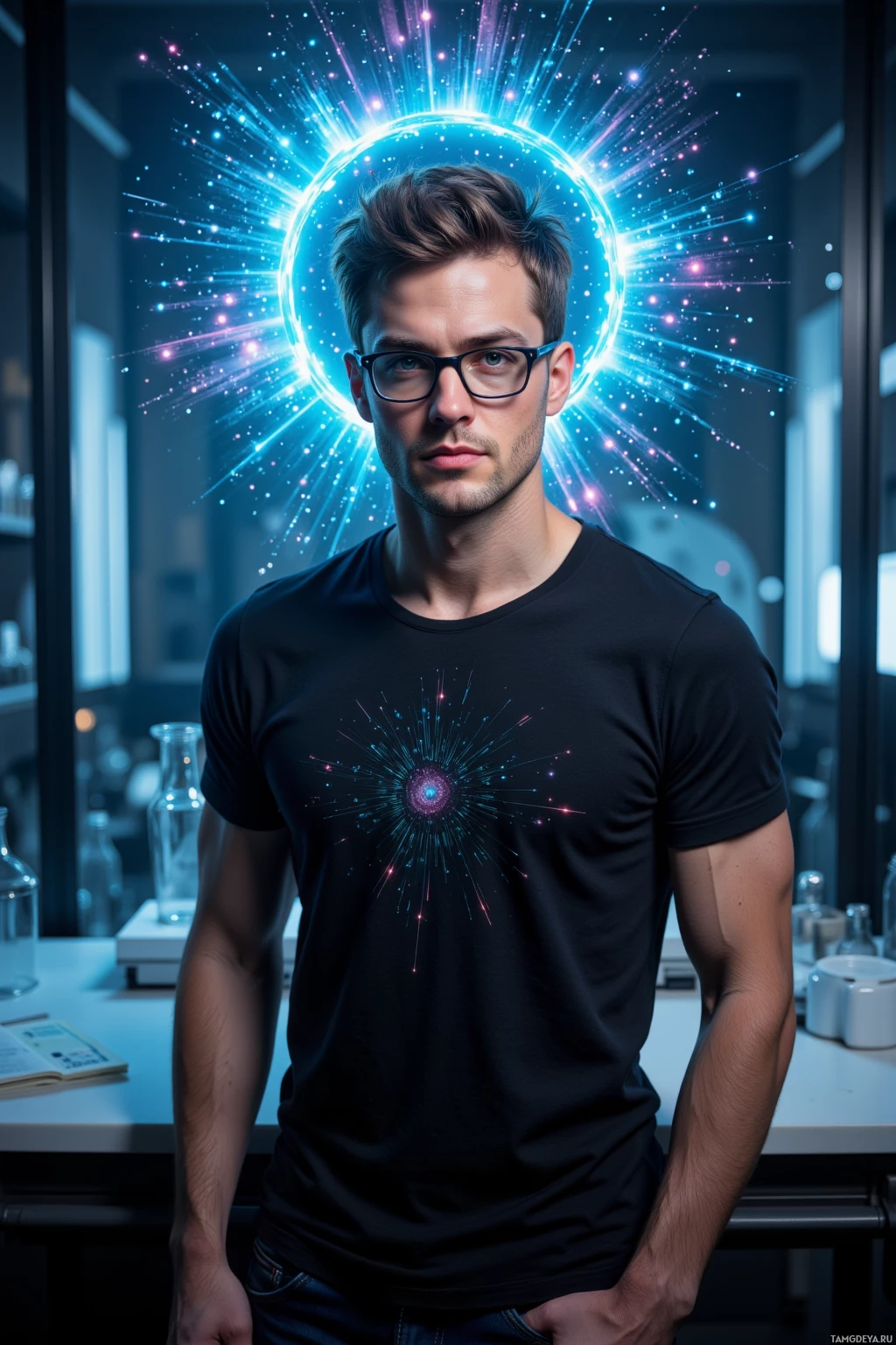 A man in a lab setting wearing a black t-shirt with a glowing, cosmic design.