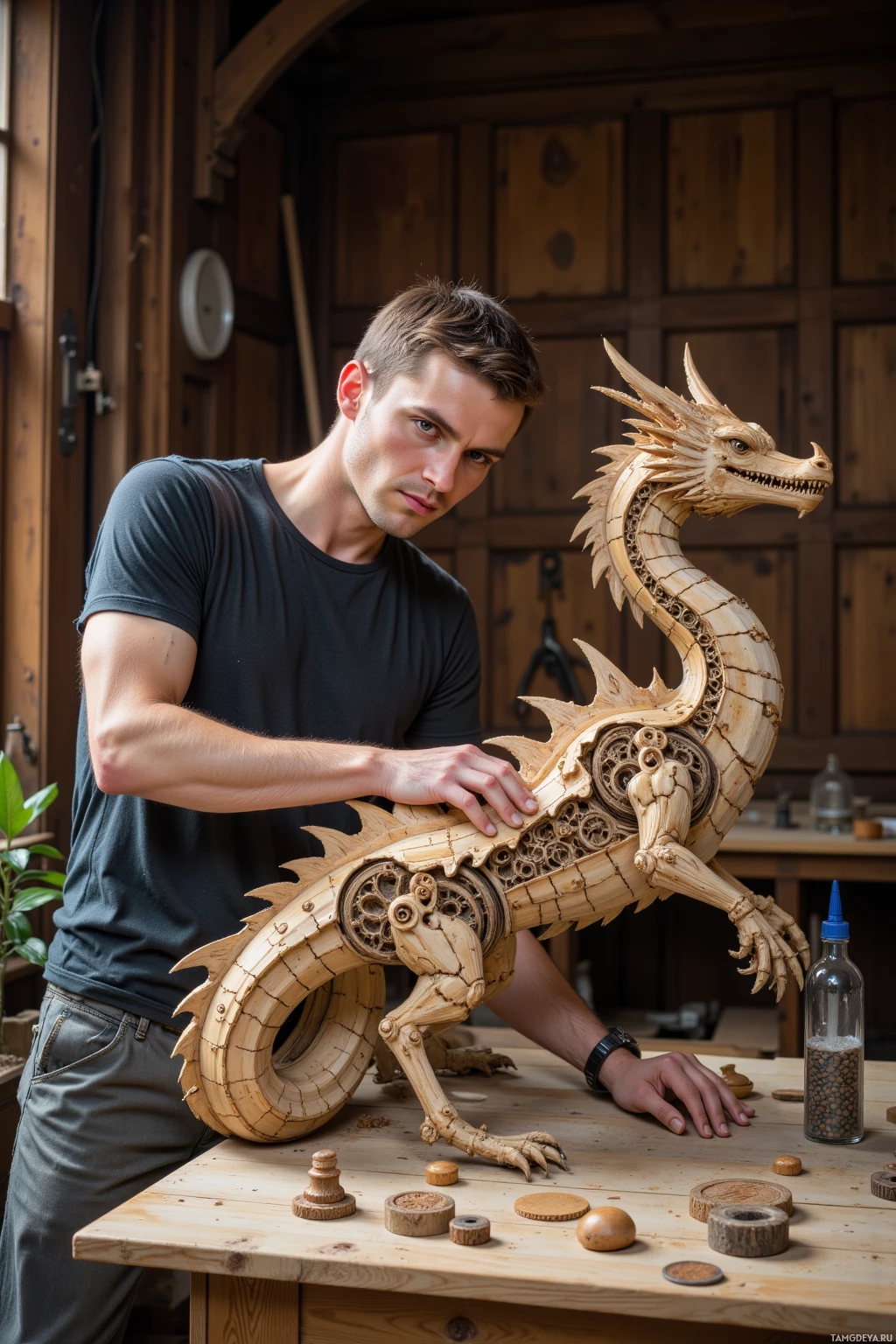 A man stands beside a detailed wooden dragon sculpture in a workshop setting.