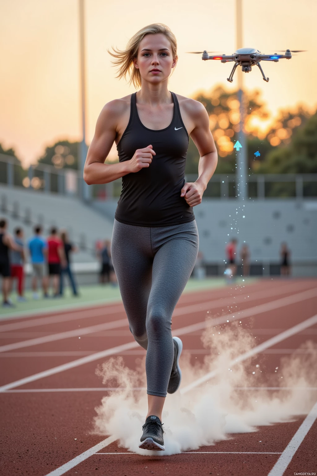 A woman runs on a track with smoke trailing behind her and a drone flying above.