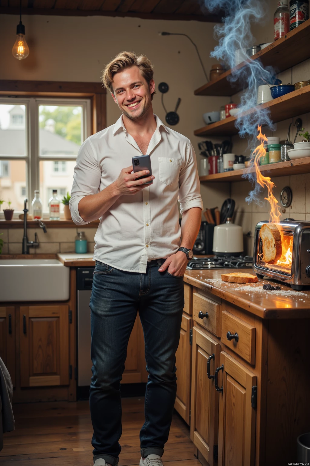 A person stands in a kitchen holding a phone while a toaster on the counter is on fire.