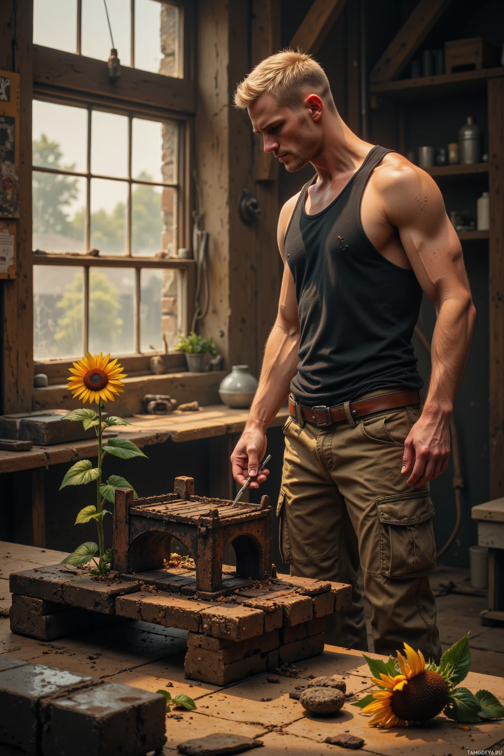 A man in a workshop setting, working on a brick structure with a sunflower nearby.