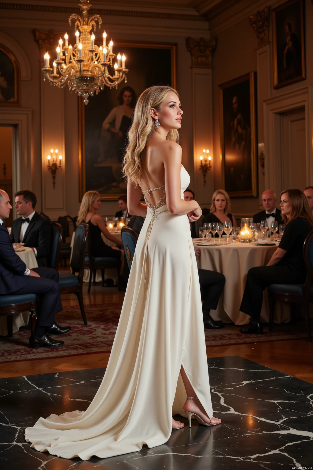 A woman in an elegant, strapless gown stands in a formal dining room.