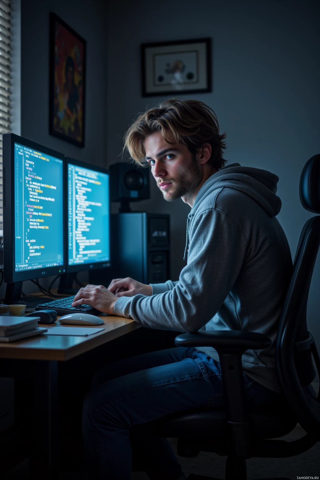 A person is sitting at a desk working on a computer with two monitors displaying code.