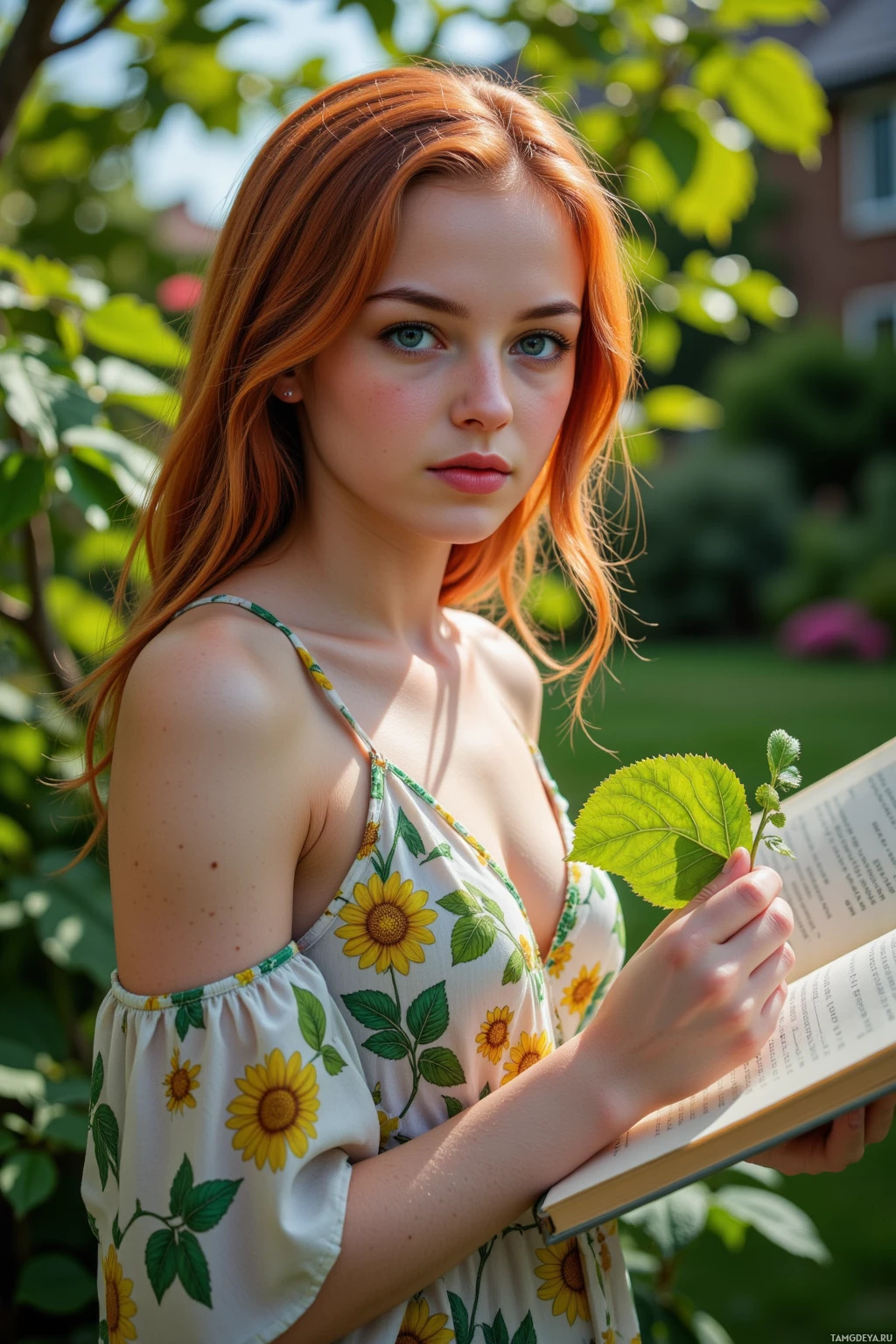 A person with red hair holds a leaf and an open book in a sunlit garden setting.