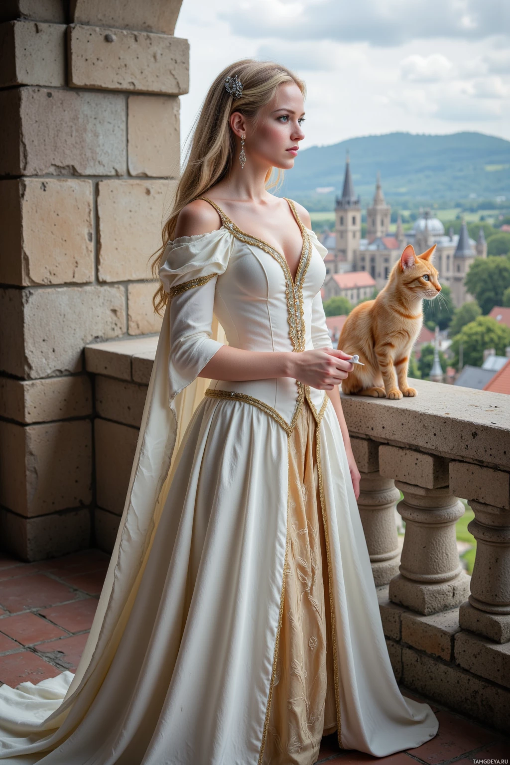A woman in an elegant gown stands on a balcony overlooking a scenic view with a cat beside her.