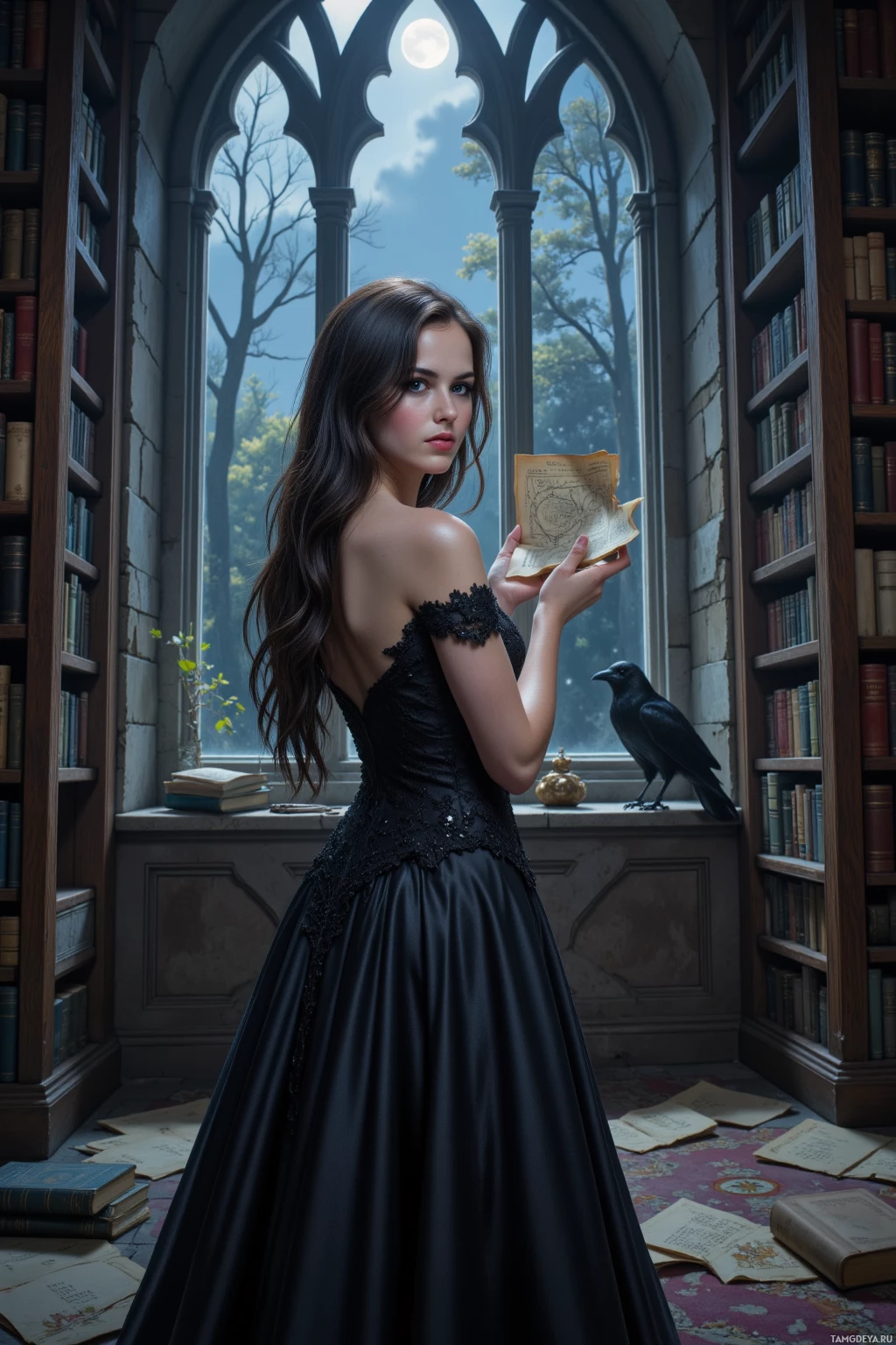 A woman in a black dress stands in a library, holding an open book, with a crow perched nearby.