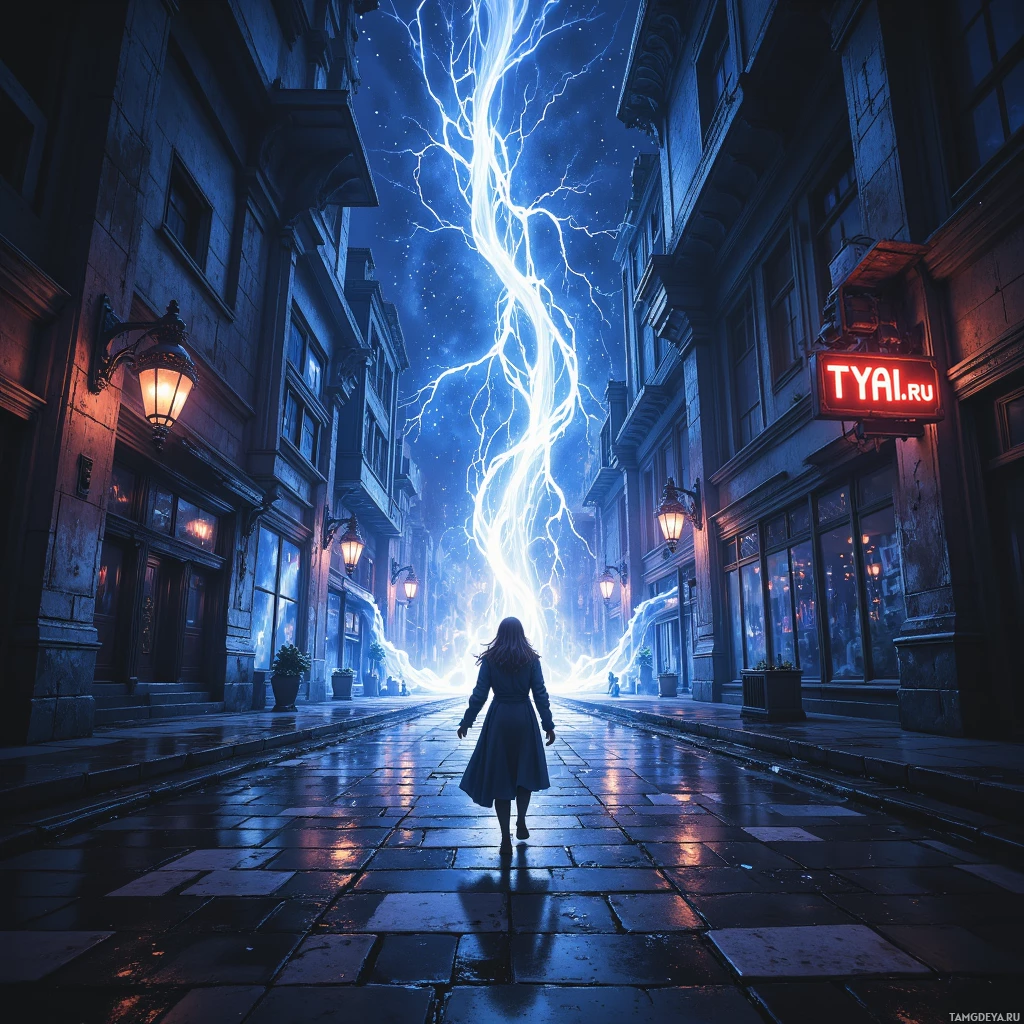 A person walks down a cobblestone street under a dramatic sky with lightning striking down.