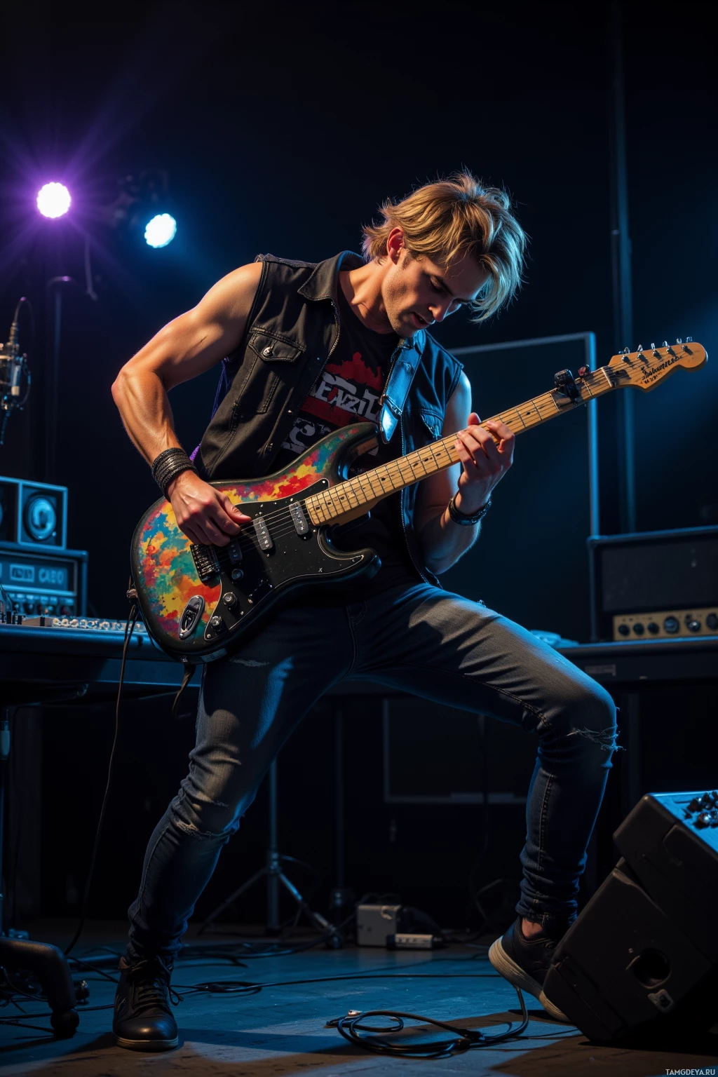 A guitarist performs on stage under stage lights.
