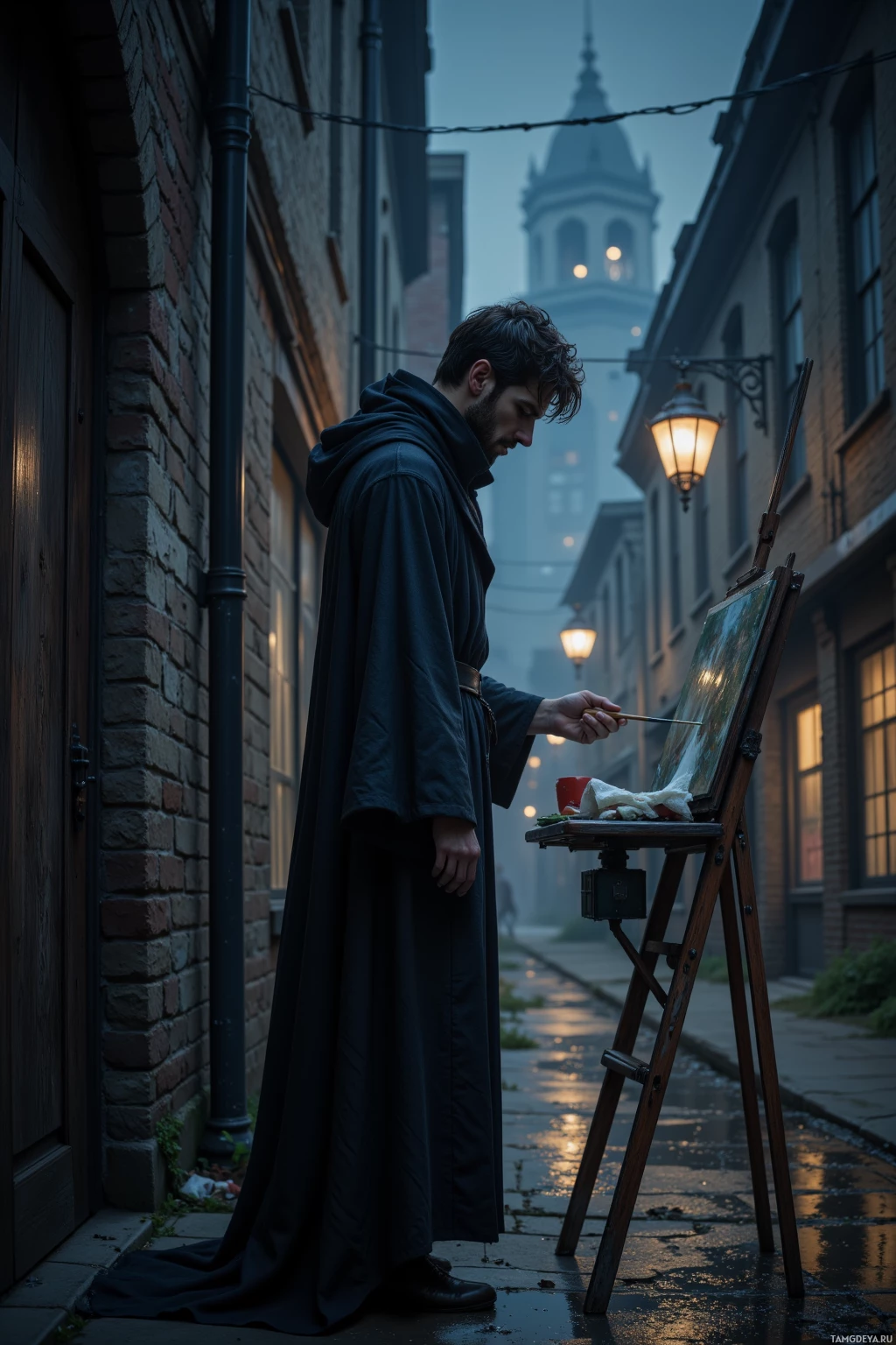 A person in a dark robe paints on an easel in a dimly lit alleyway.