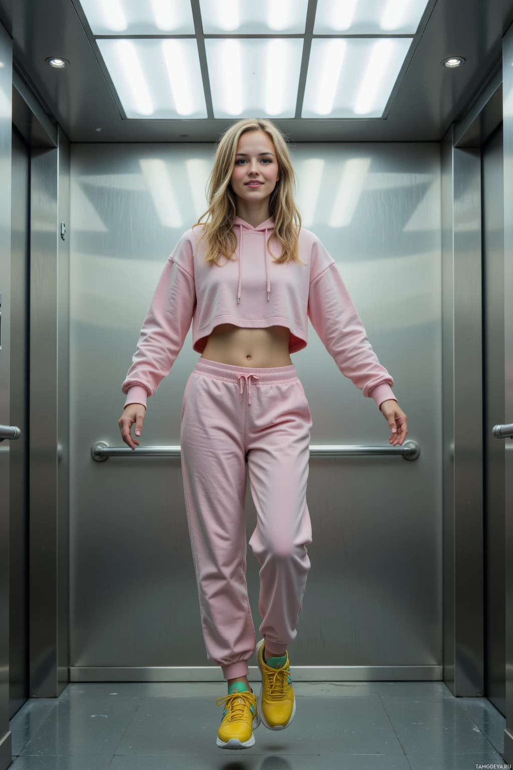 A person wearing a pink cropped hoodie and matching sweatpants with yellow sneakers stands in an elevator.