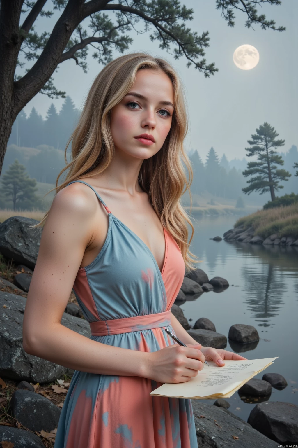 A woman in a dress stands by a serene lakeside, holding a notebook and pen, with a full moon and trees in the background.