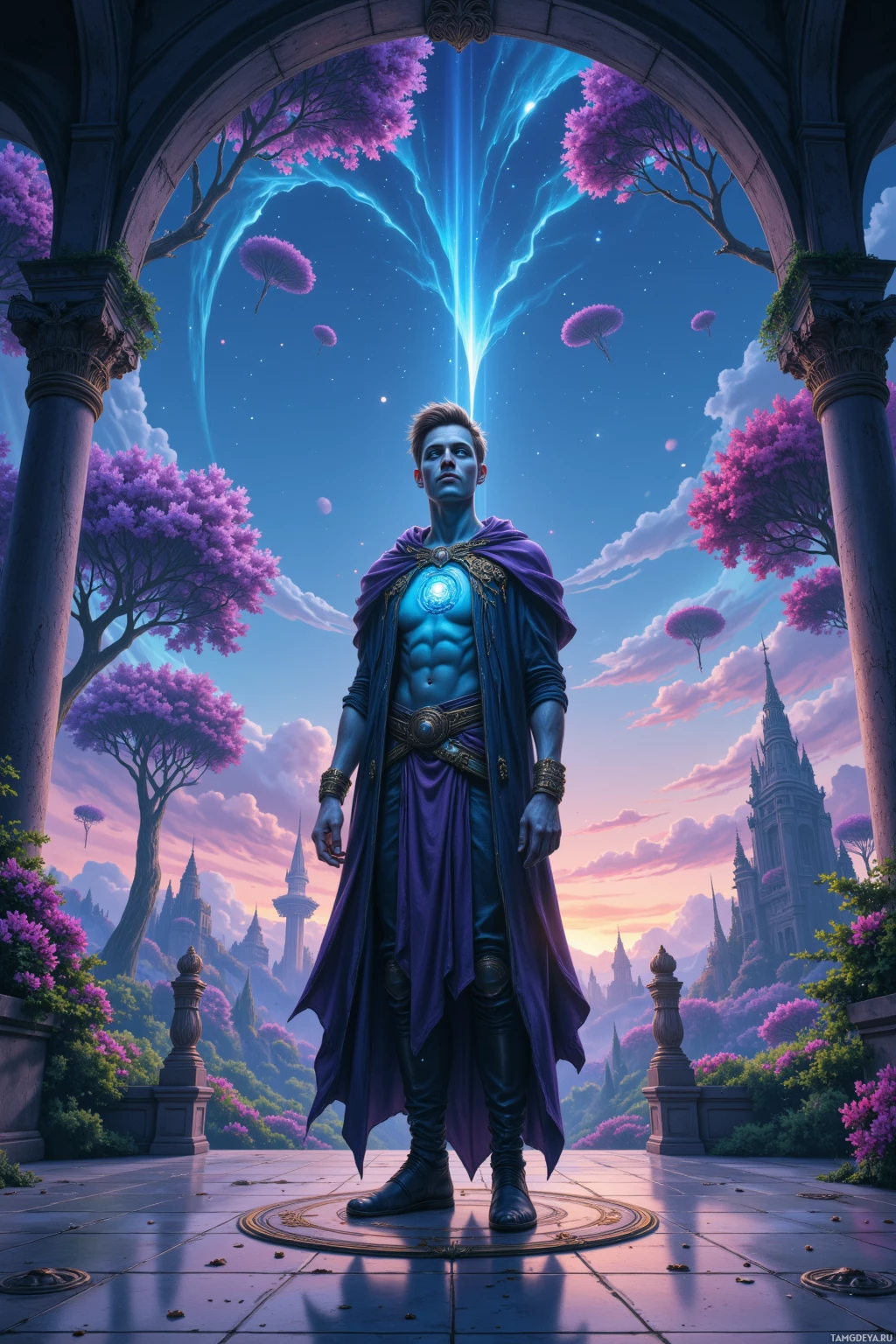 A figure stands in an ornate courtyard under a glowing blue sky with purple trees and floating flowers.