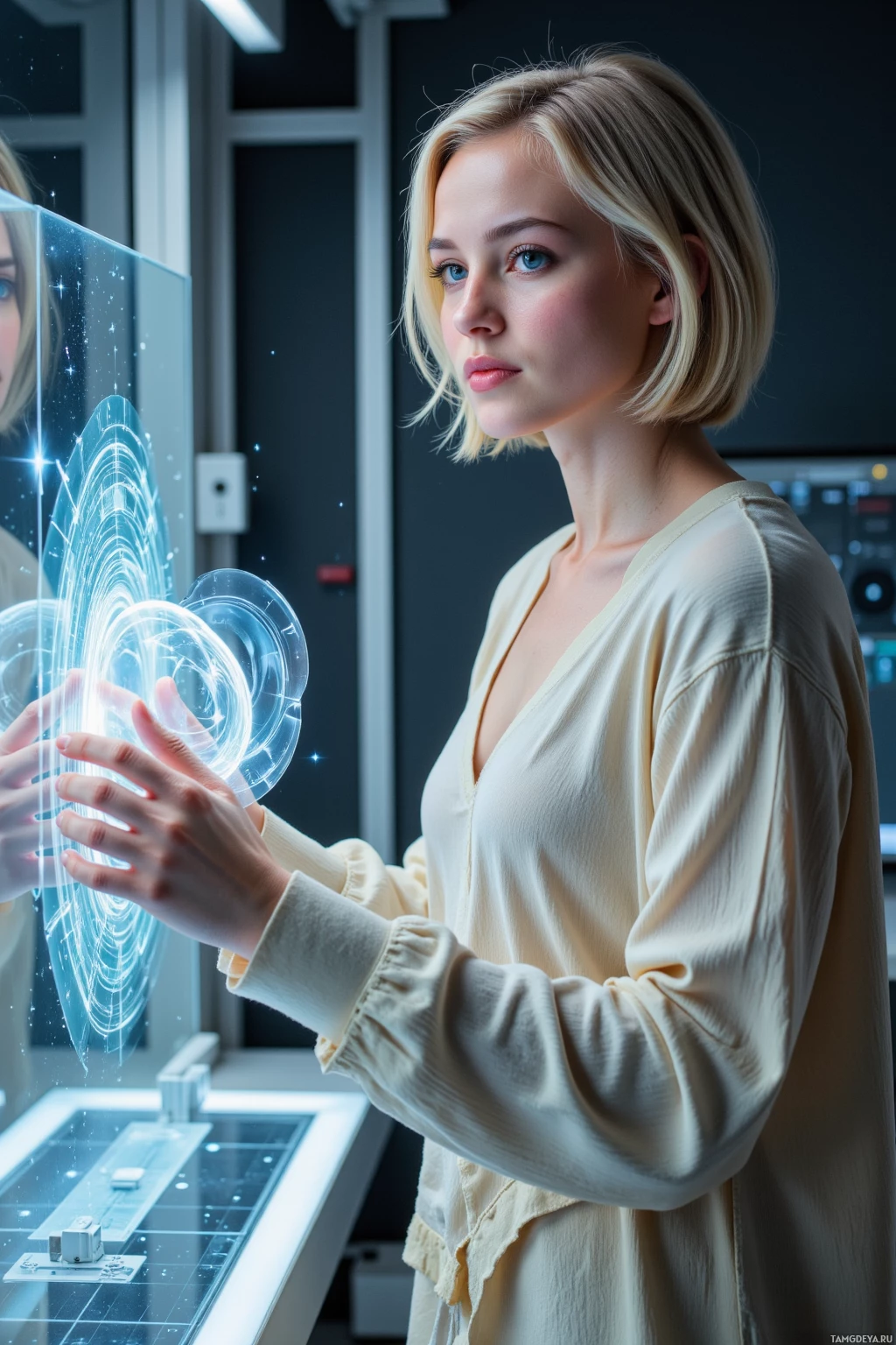 A person in a lab coat interacts with a futuristic, glowing interface.