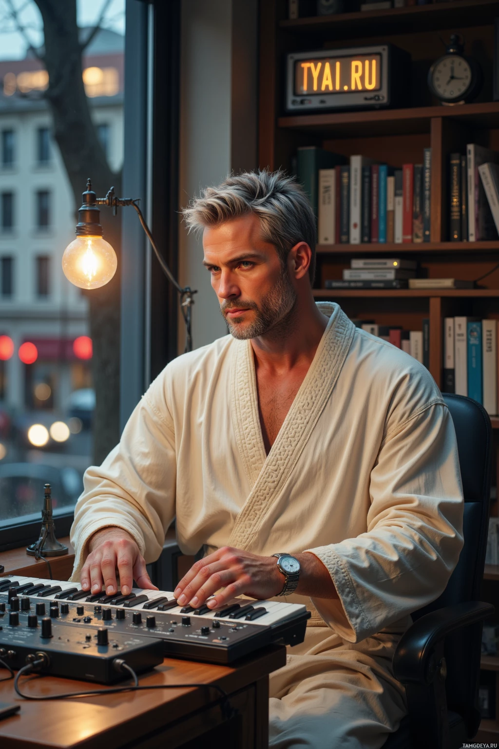 A person in a bathrobe plays a keyboard in a cozy room with a bookshelf and a lit lamp.