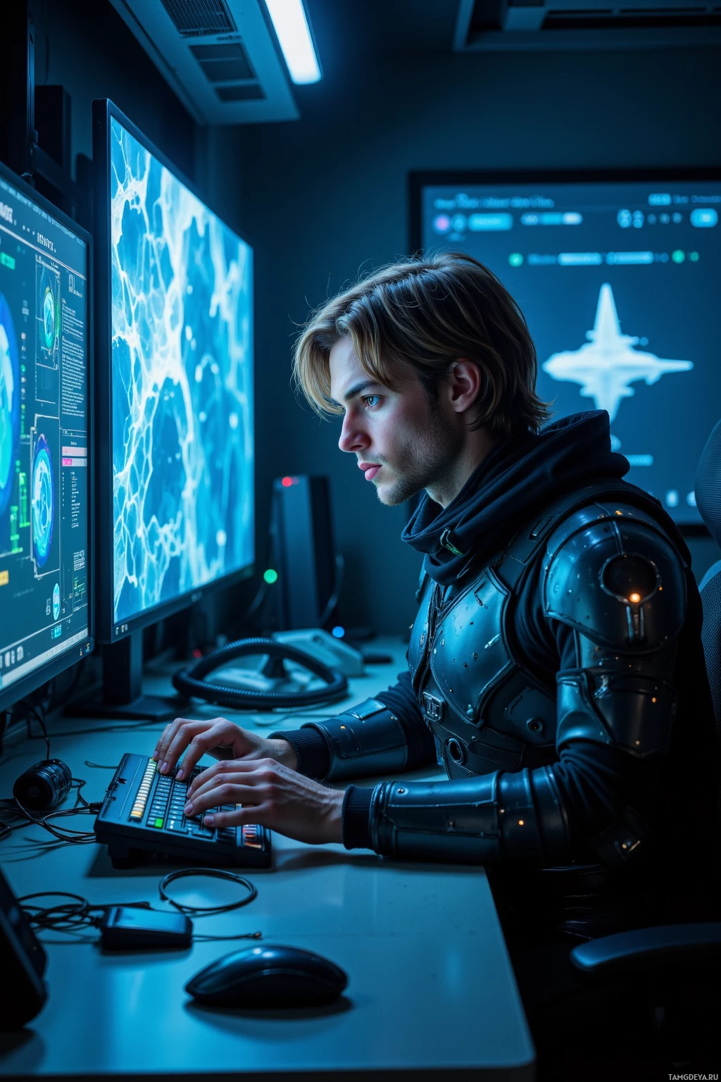 A person in futuristic armor works at a computer in a dimly lit room.