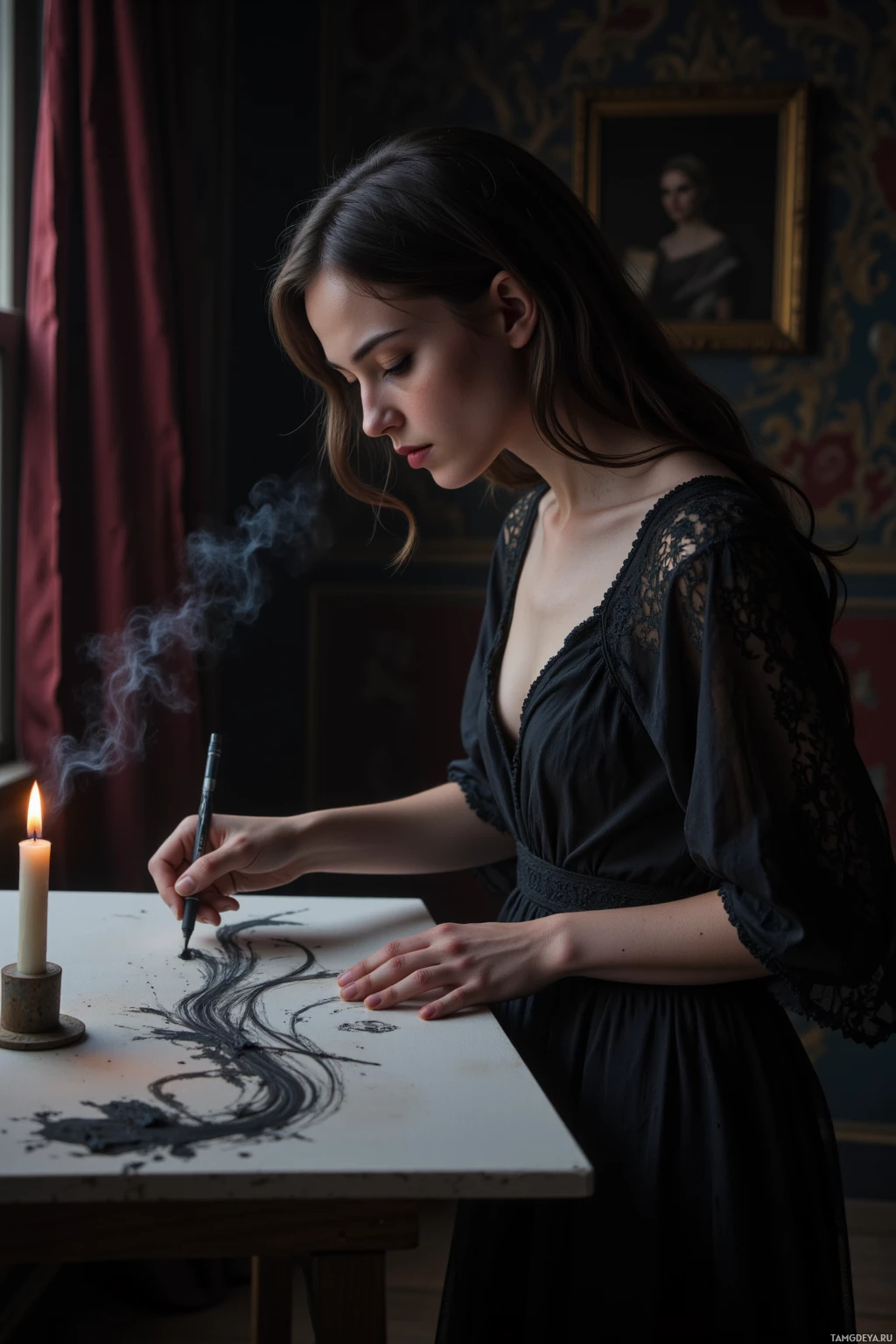 A woman in a black dress is drawing with charcoal on paper while a candle burns nearby.