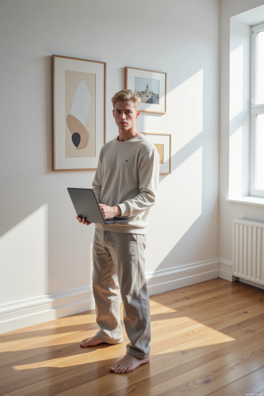 A person stands barefoot in a room holding a laptop, with framed artwork on the wall and sunlight streaming in.
