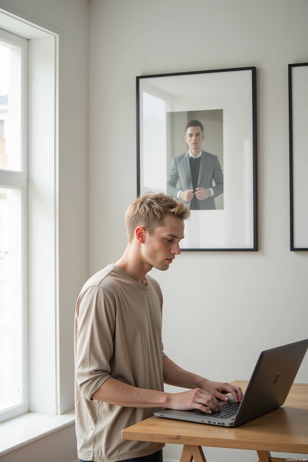 A person stands at a desk using a laptop in front of framed artwork on the wall.