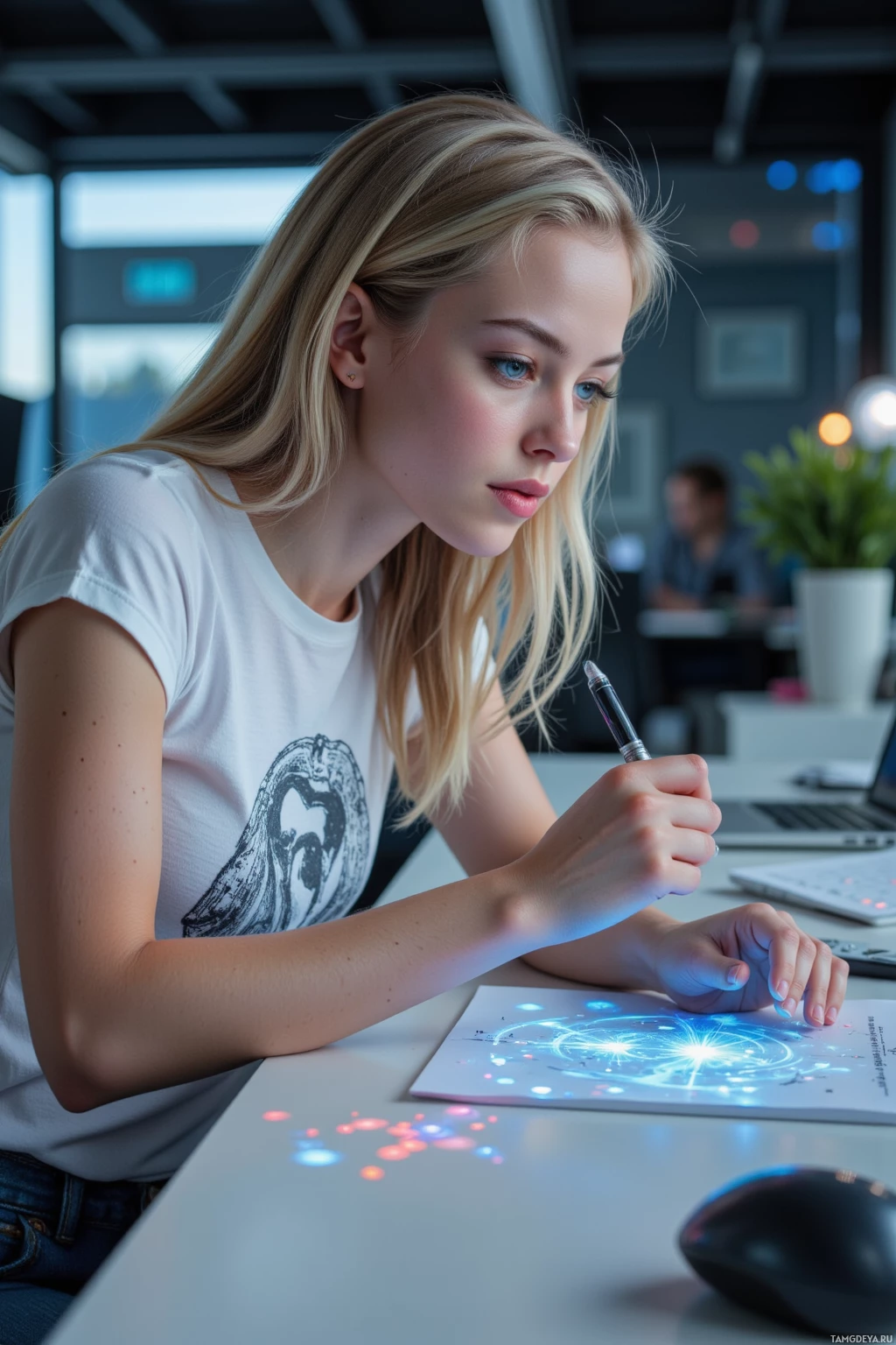 A woman is focused on a drawing or digital artwork, using a stylus on a tablet.