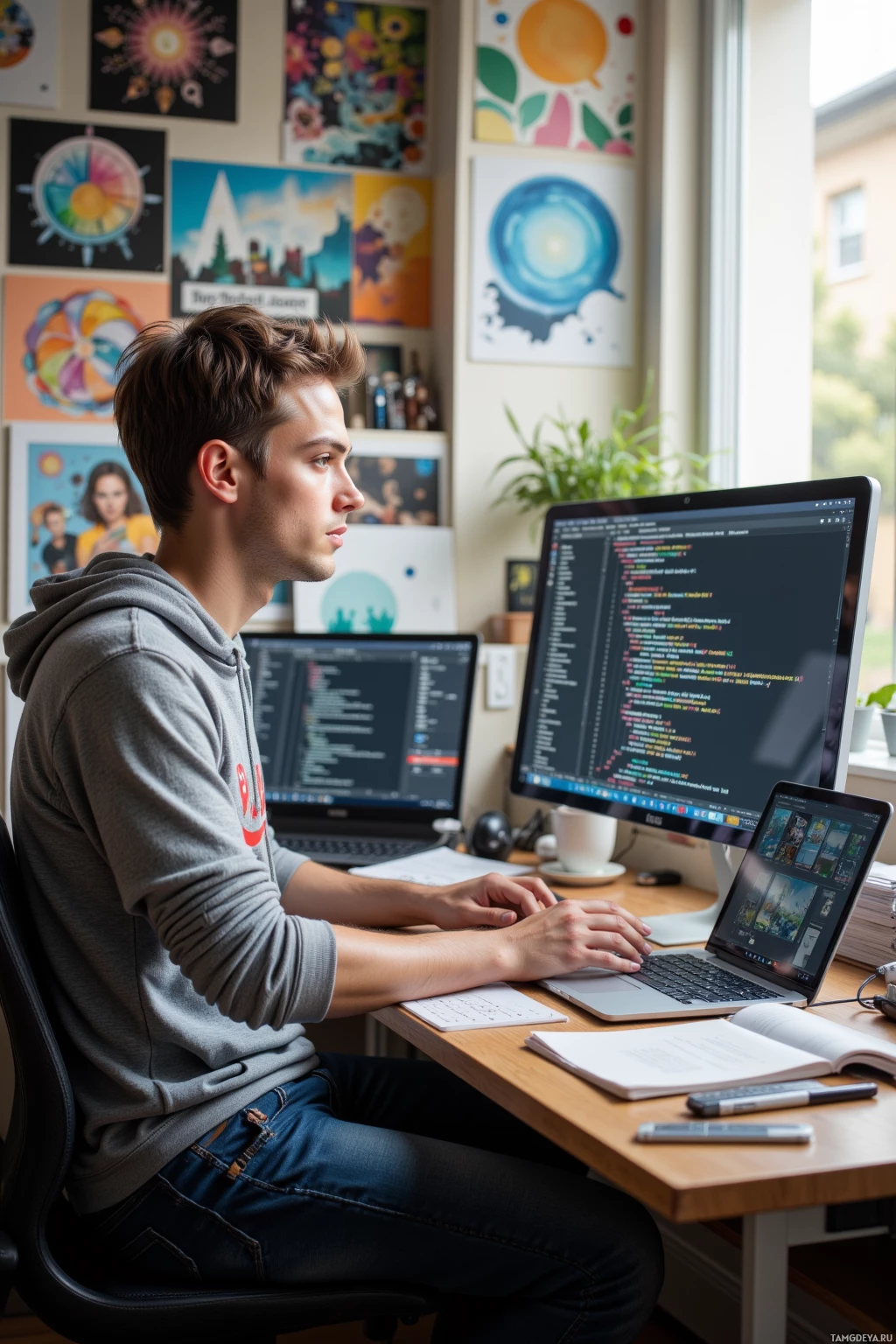 A person is working at a desk with multiple screens displaying code, surrounded by colorful wall art.