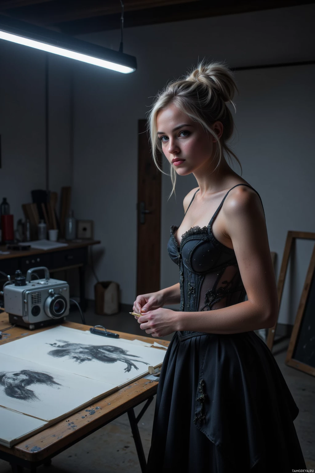 A woman in an artist's studio holding a pen and looking at artwork on a table.