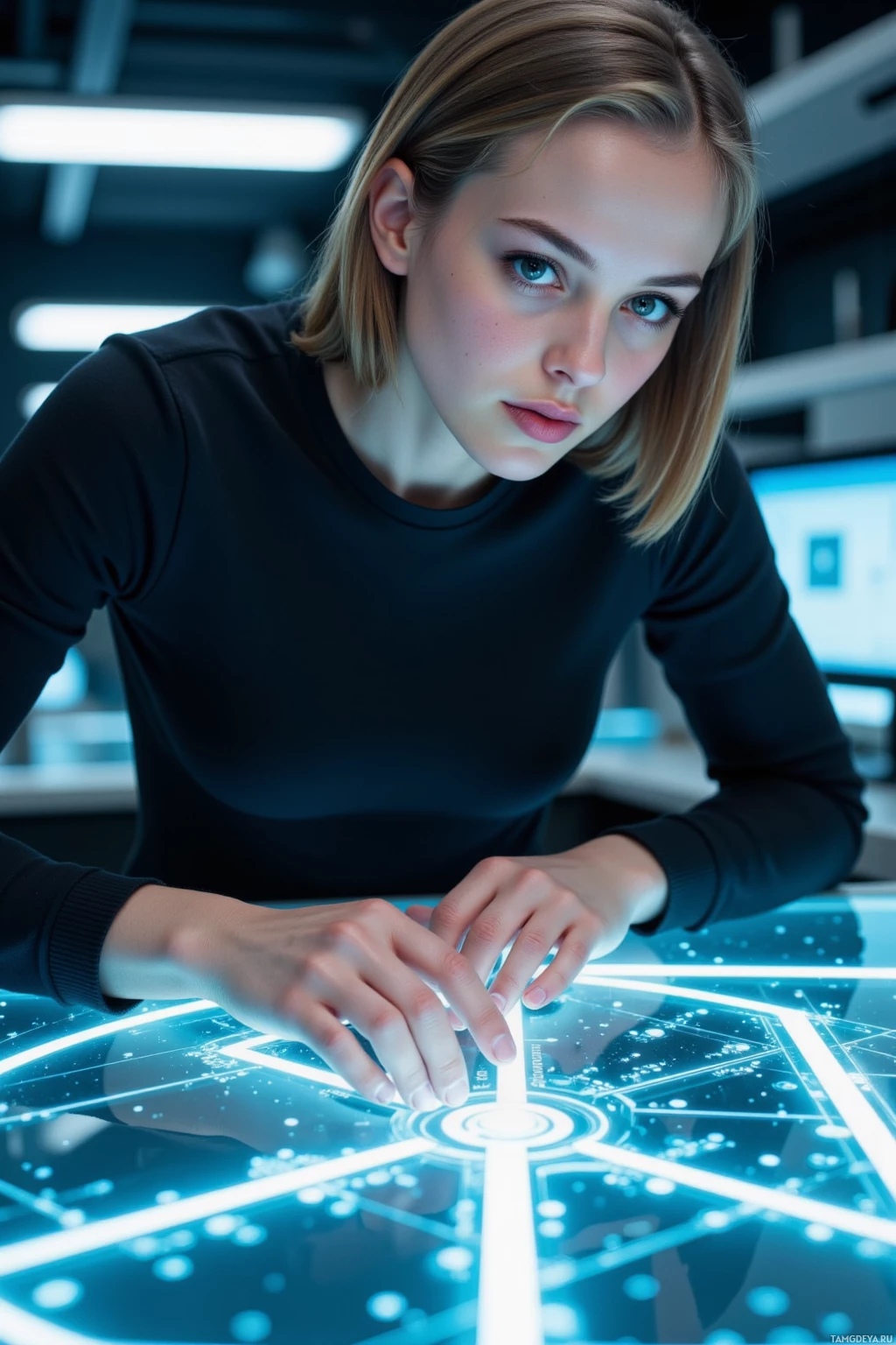 A person in a black shirt interacts with a glowing, futuristic interface.