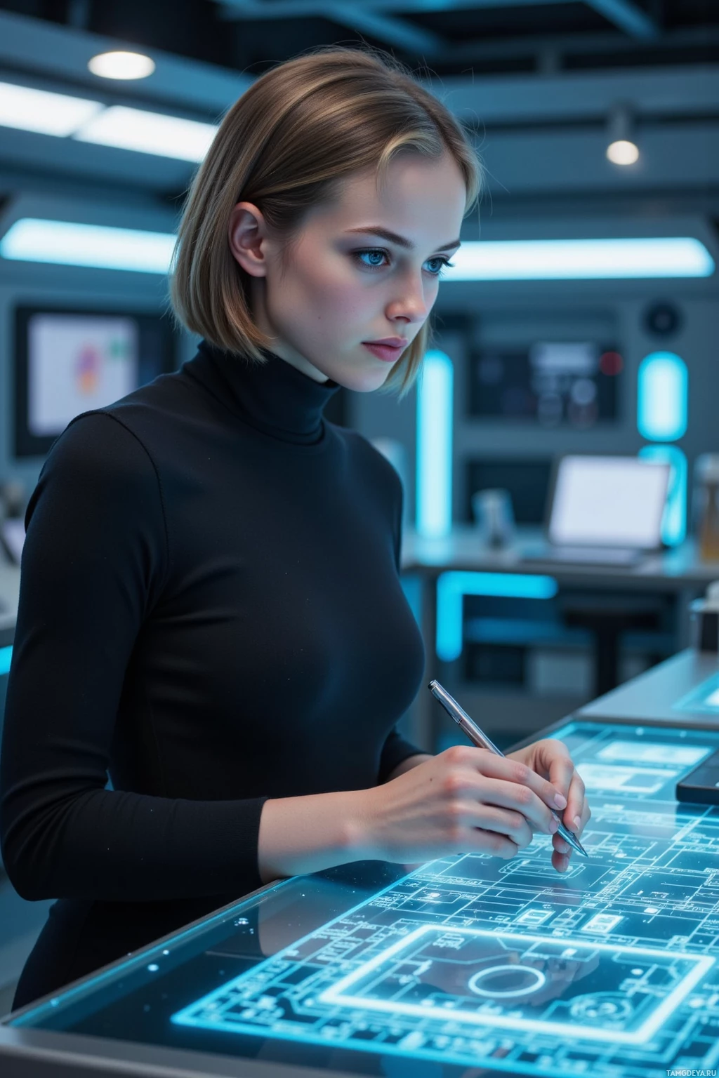 A person in a black turtleneck is working on a futuristic digital interface with a pen.