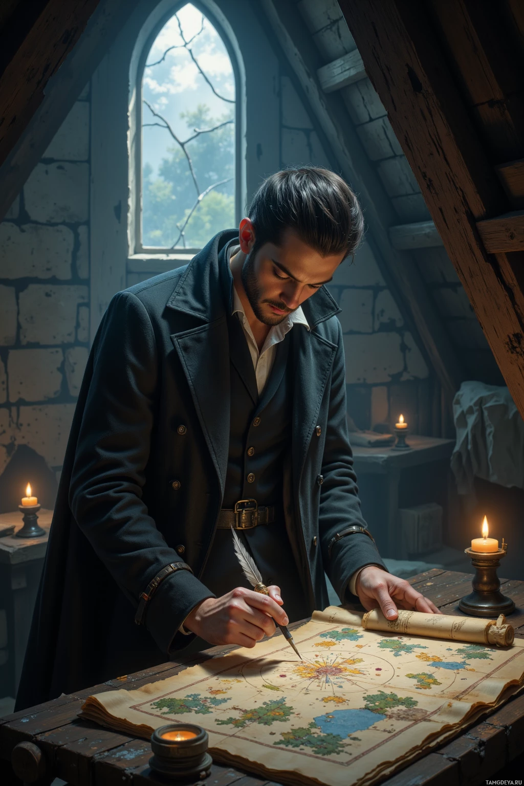 A man in a historical setting is carefully examining and marking a detailed map with a quill pen.