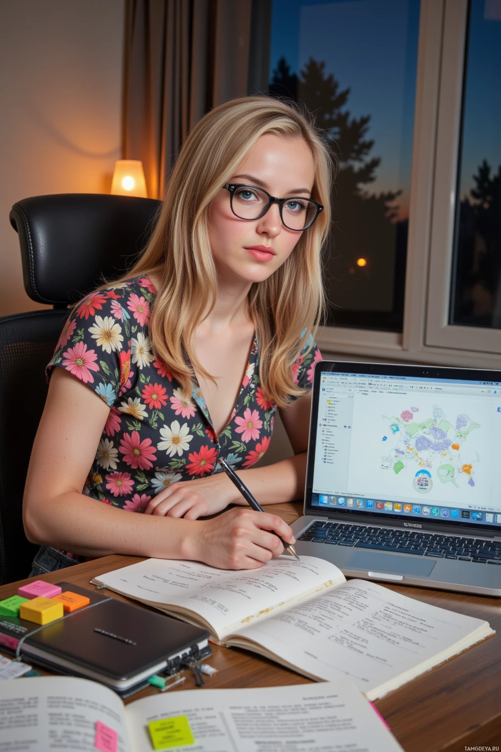 A person is sitting at a desk with an open laptop and notebook, appearing to study or work on something.