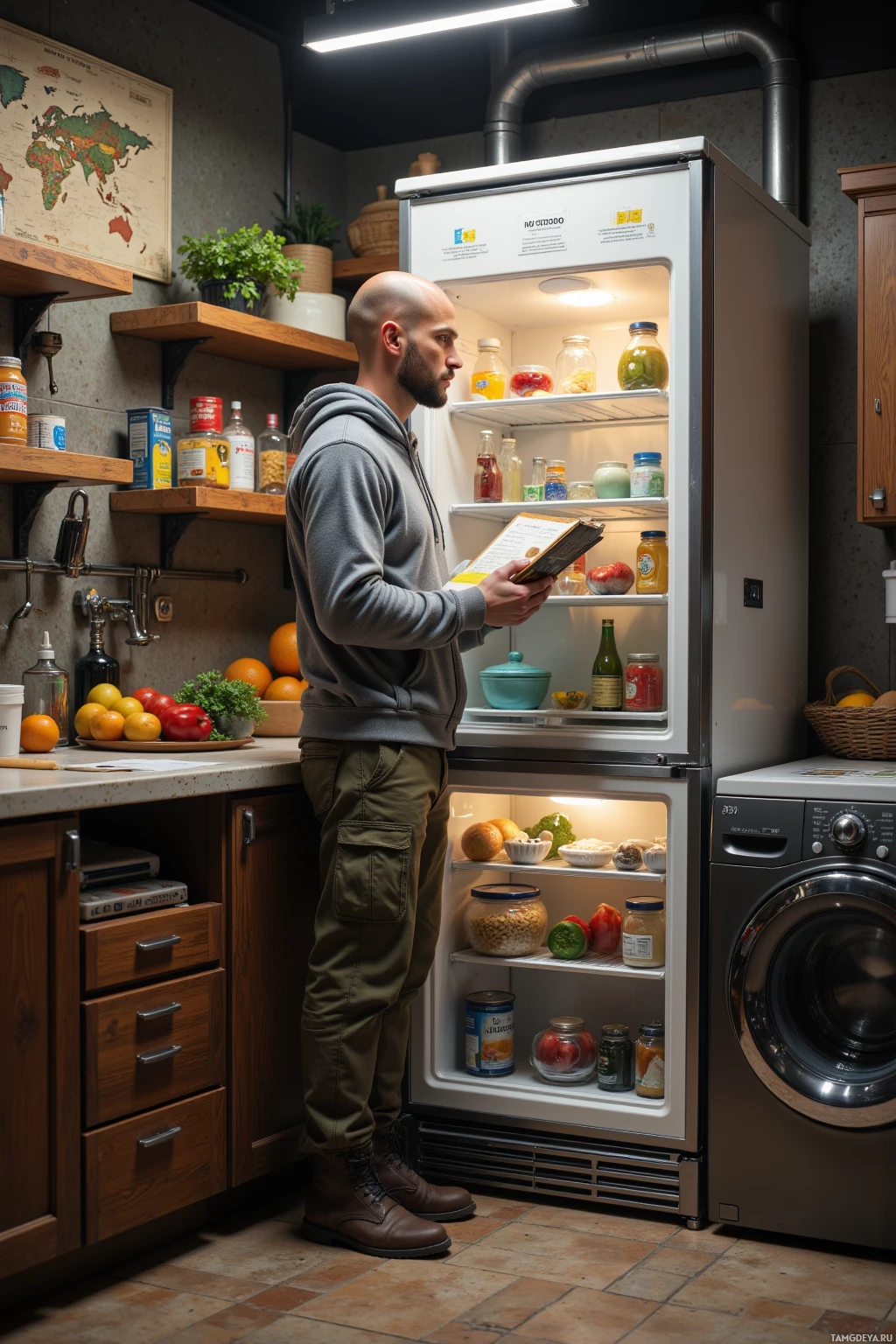 A person stands in front of an open refrigerator, holding a book and looking inside.