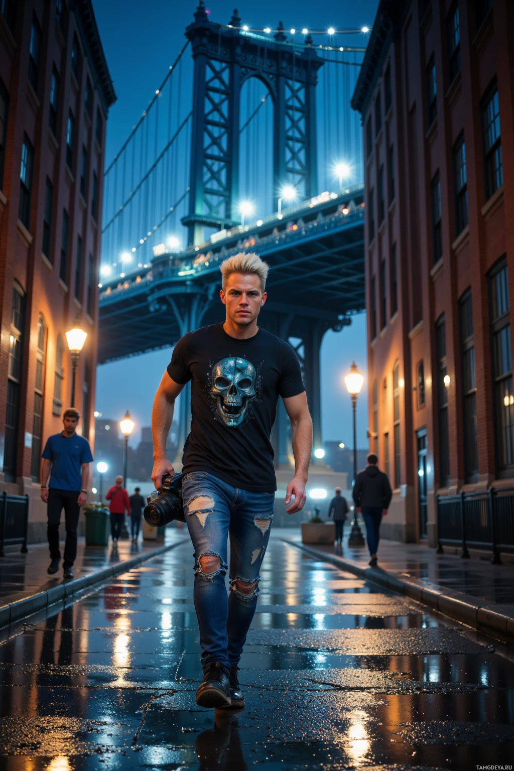 A person walks down a wet street at dusk, with a bridge and illuminated buildings in the background.