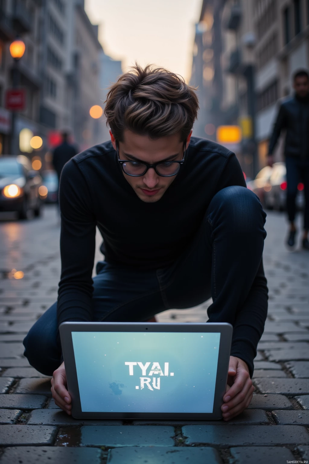 A person crouches on a cobblestone street holding an open tablet displaying "TYAI.ru.