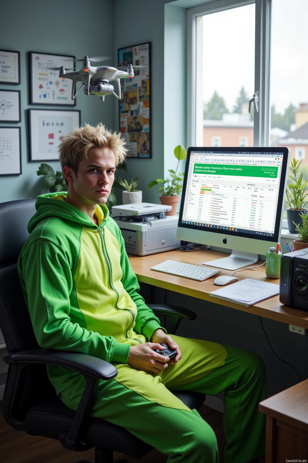 A person in a green tracksuit sits at a desk with a computer, holding a game controller, and a drone hovers above.