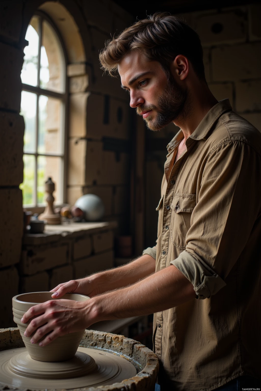 A person is shaping clay on a pottery wheel in a workshop.