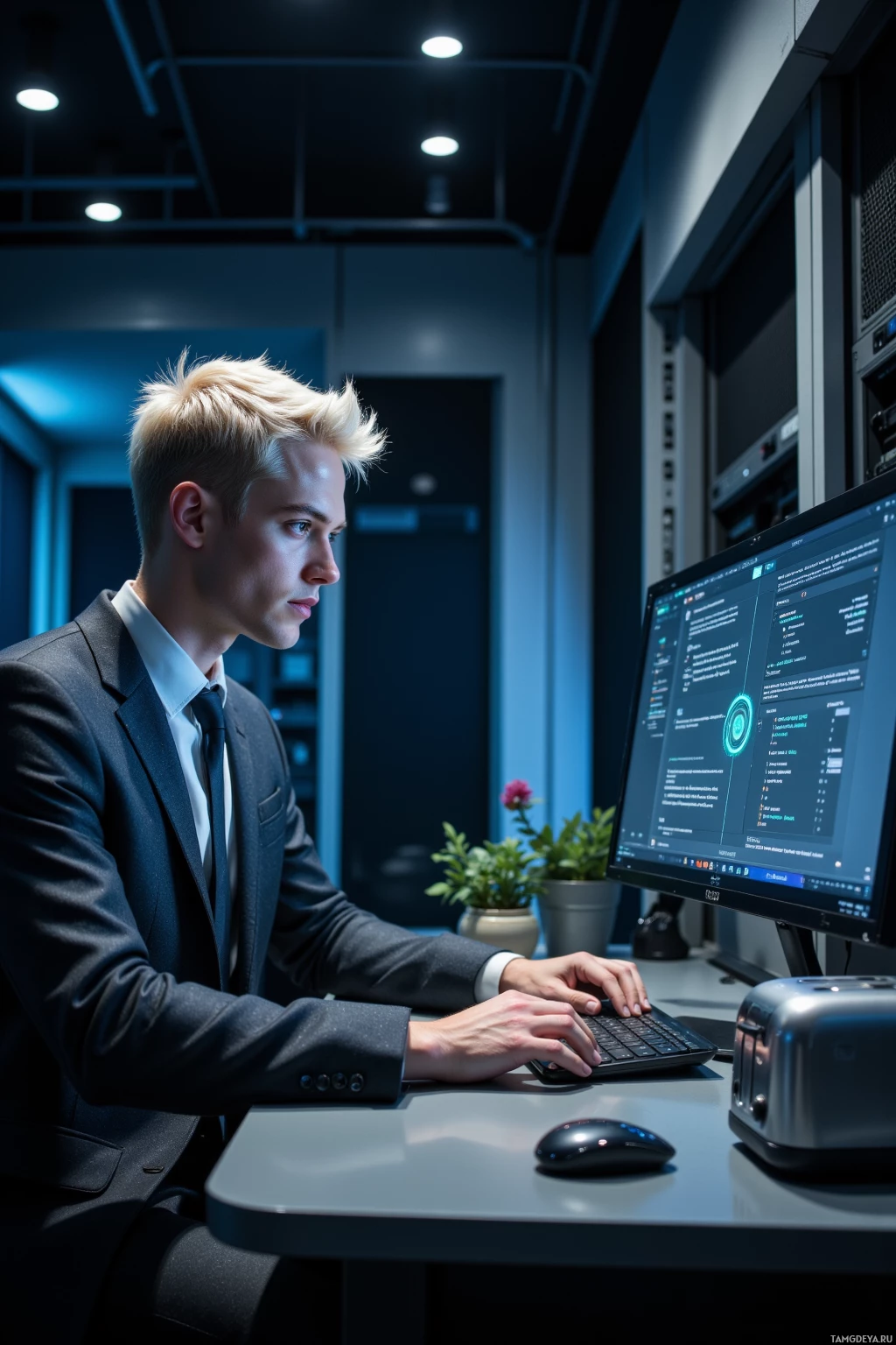 A person in formal attire is working at a computer in a modern office setting.