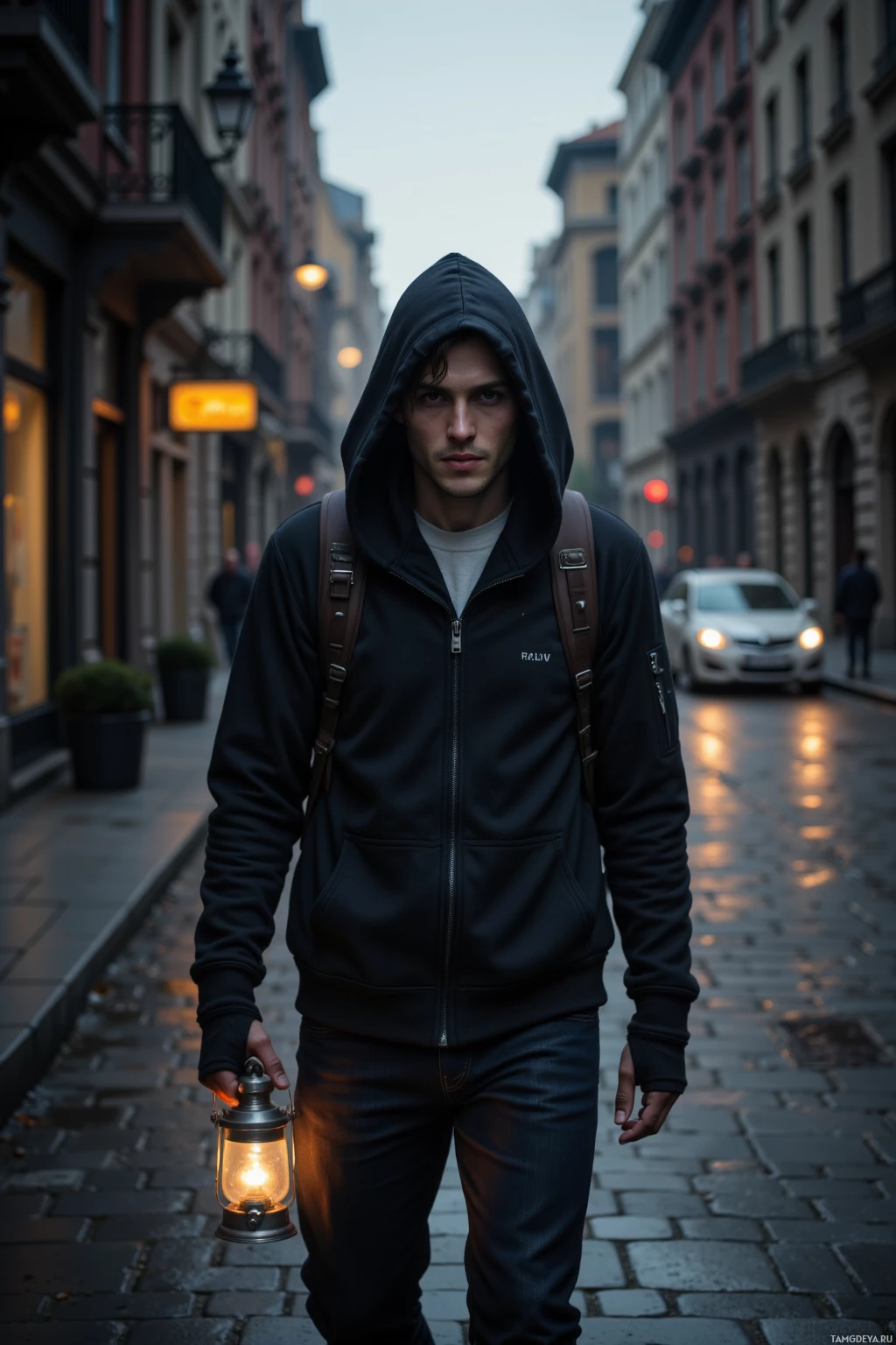 A person wearing a hooded jacket and carrying a lantern walks down a cobblestone street at dusk.
