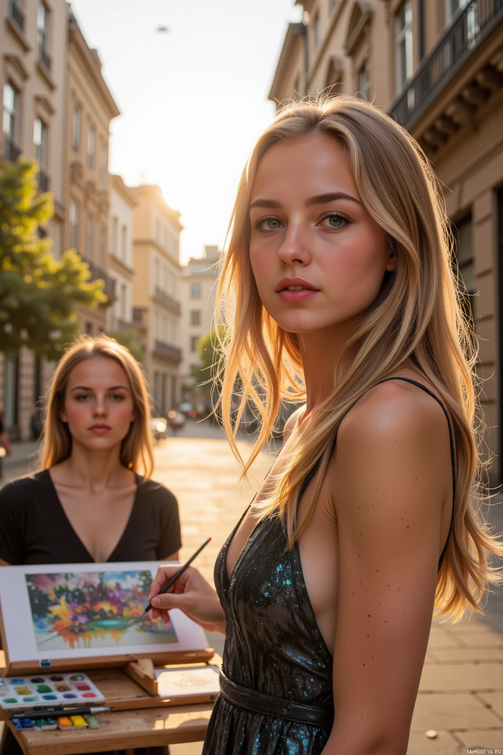 Two women are depicted in an urban setting, one holding a paintbrush and palette, with a cityscape in the background.