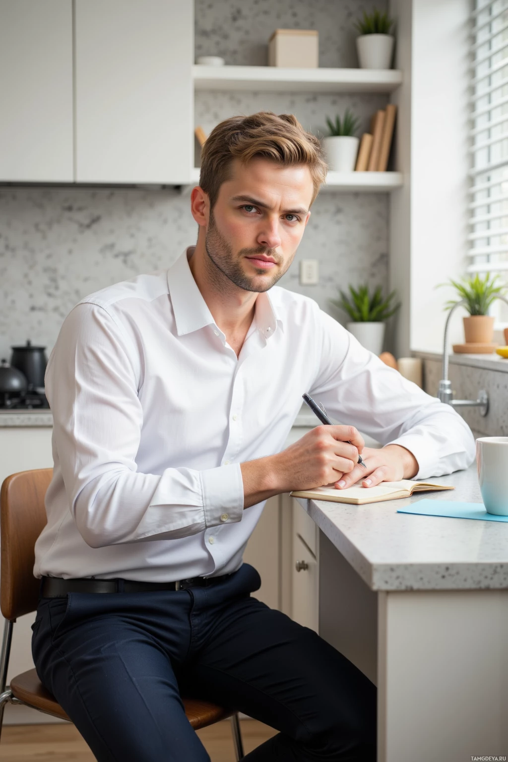 A man in a white shirt and black pants sits at a kitchen counter, writing in a notebook.