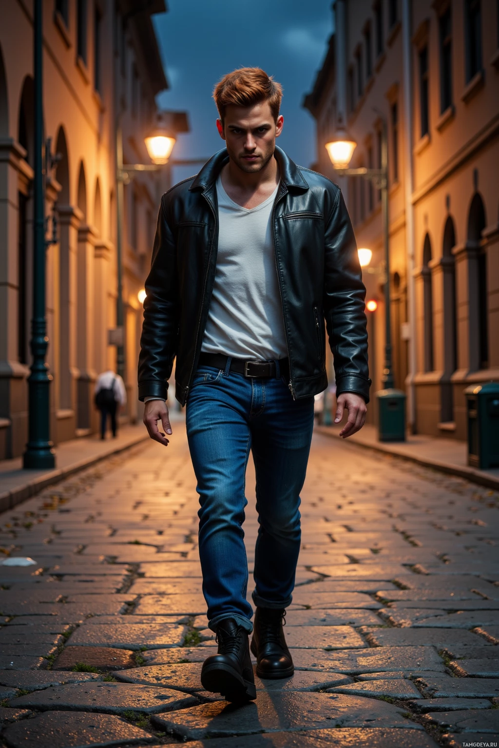 A man in a leather jacket and jeans walks down a cobblestone street at dusk.