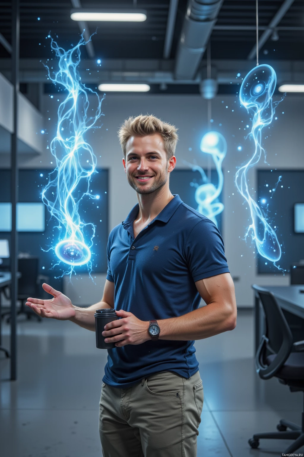 A man in a modern office setting holds a coffee cup with glowing blue energy effects surrounding him.
